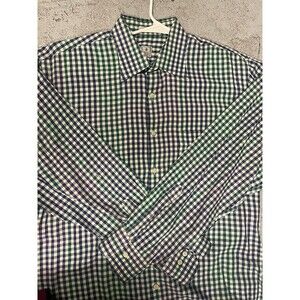 Peter Millar Men’s Large Blue Green Gingham Plaid Cotton Button Up Shirt Long Sl